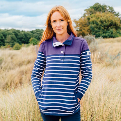 Loganberry - Side - Lazy Jacks Womens-Ladies Striped Button Neck Sweatshirt