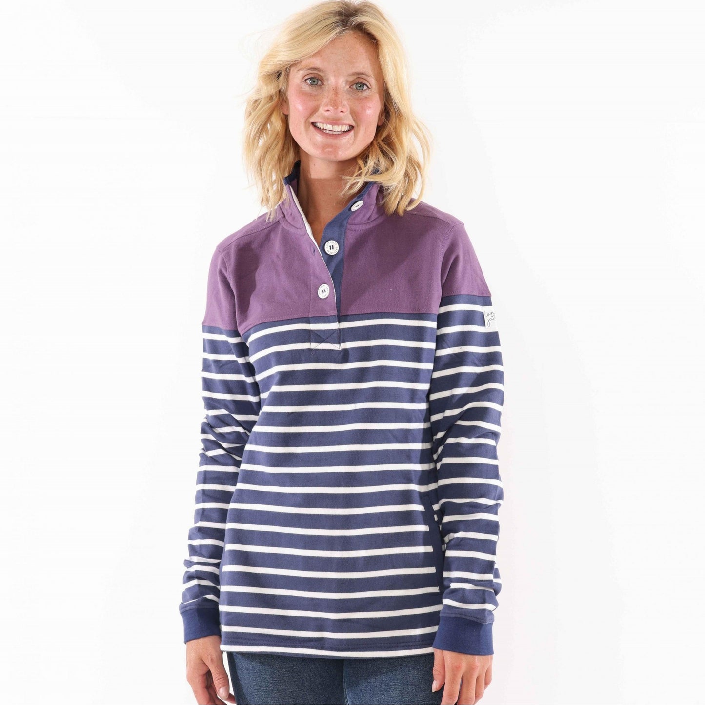 Loganberry - Front - Lazy Jacks Womens-Ladies Striped Button Neck Sweatshirt