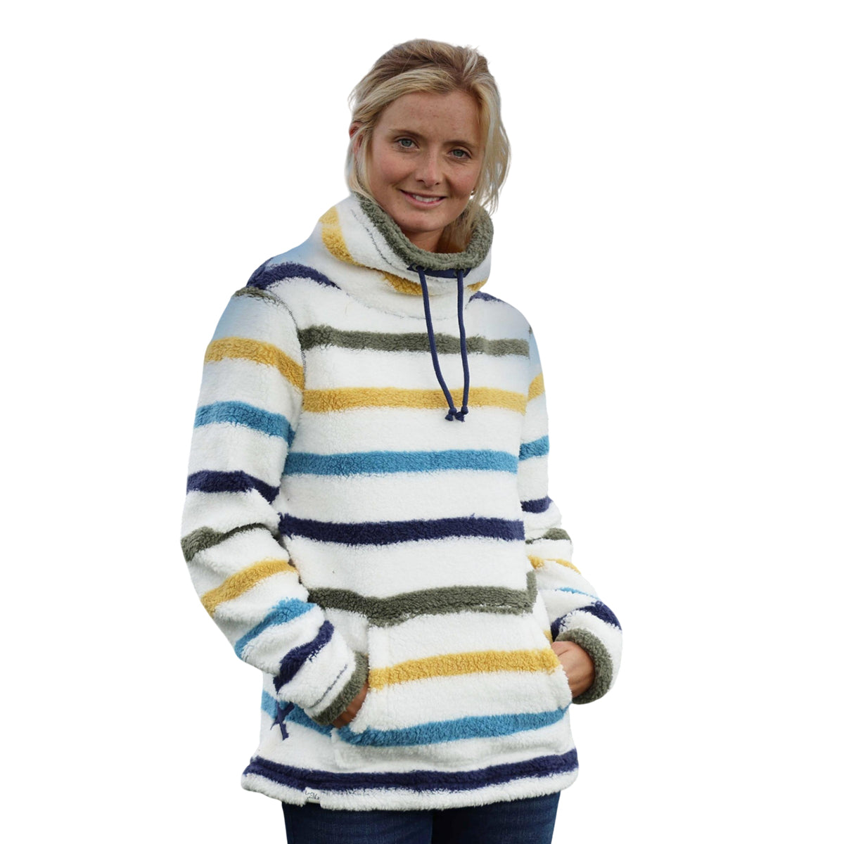 White-Khaki - Pack Shot - Lazy Jacks Womens-Ladies Striped Pique Sweatshirt