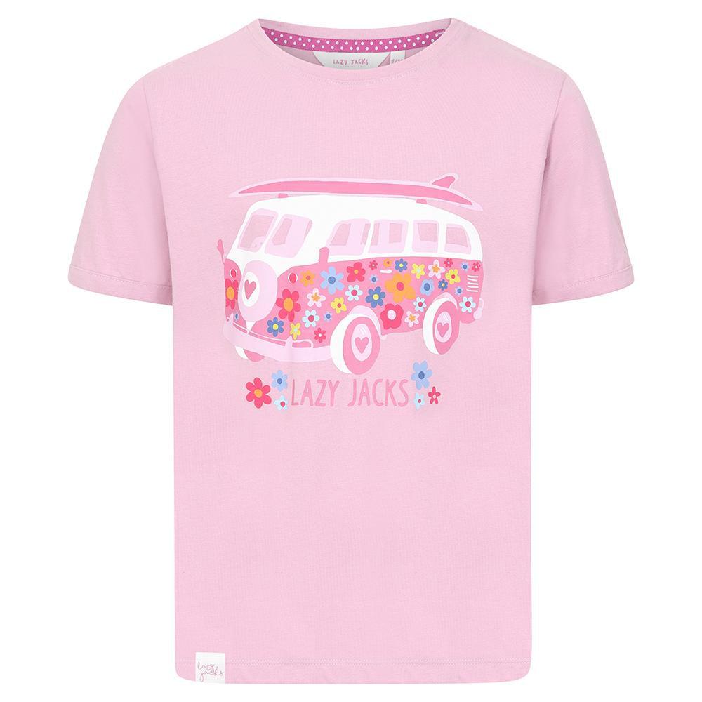 Pink - Front - Lazy Jacks Girls Campervan Cotton T-Shirt