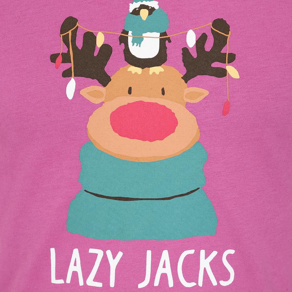 Raspberry - Side - Lazy Jacks Girls Reindeer Long-Sleeved T-Shirt