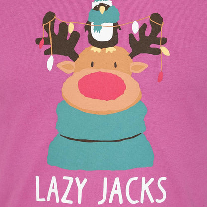 Raspberry - Side - Lazy Jacks Girls Reindeer Long-Sleeved T-Shirt