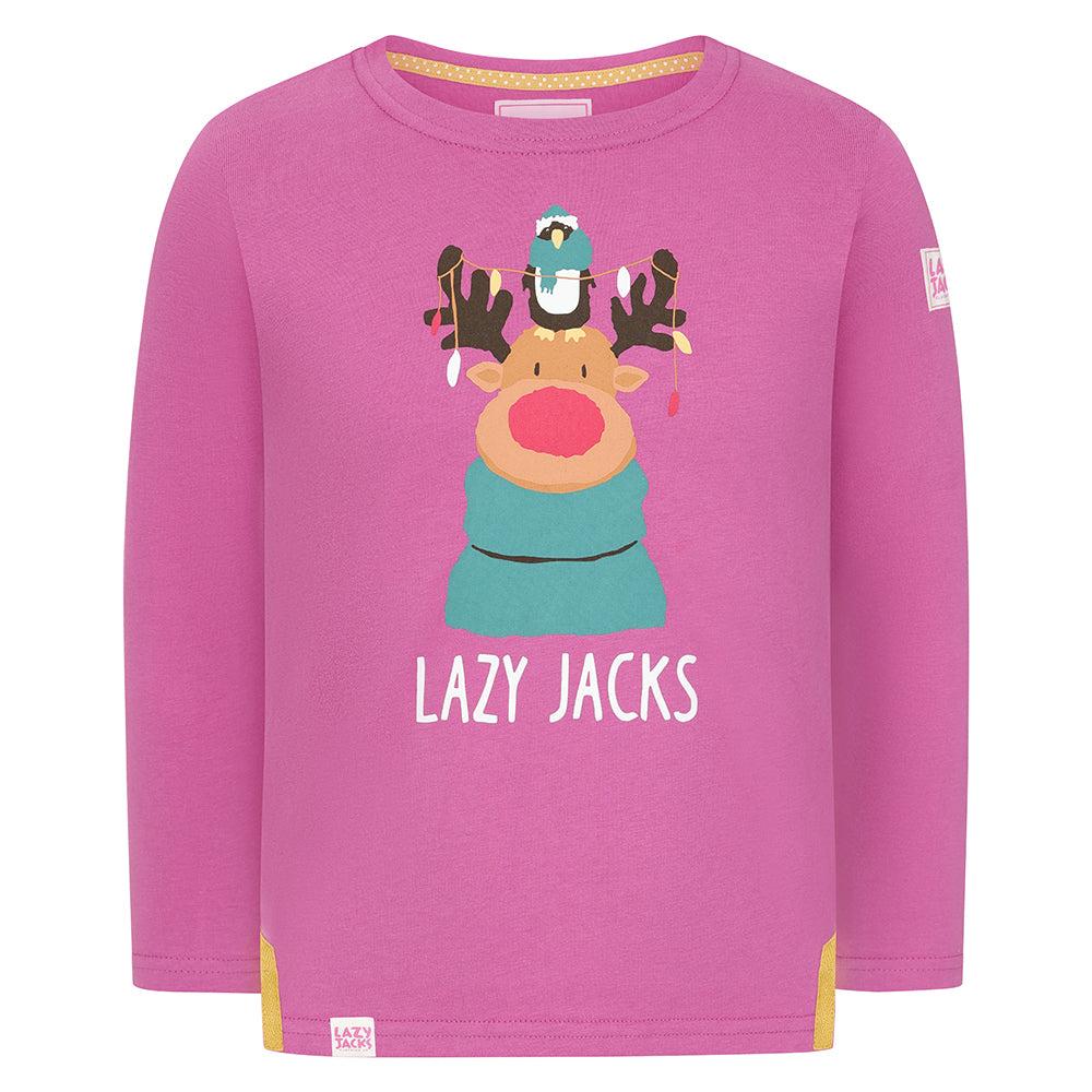 Raspberry - Front - Lazy Jacks Girls Reindeer Long-Sleeved T-Shirt