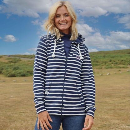 Marine - Back - Lazy Jacks Womens-Ladies Striped Textured Full Zip Hoodie