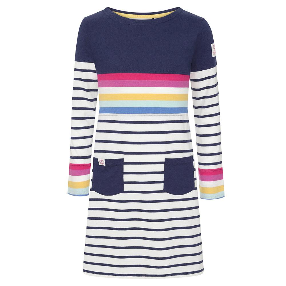 Prism Pink-Blue - Front - Lazy Jacks Girls Striped Jersey Long-Sleeved Dress