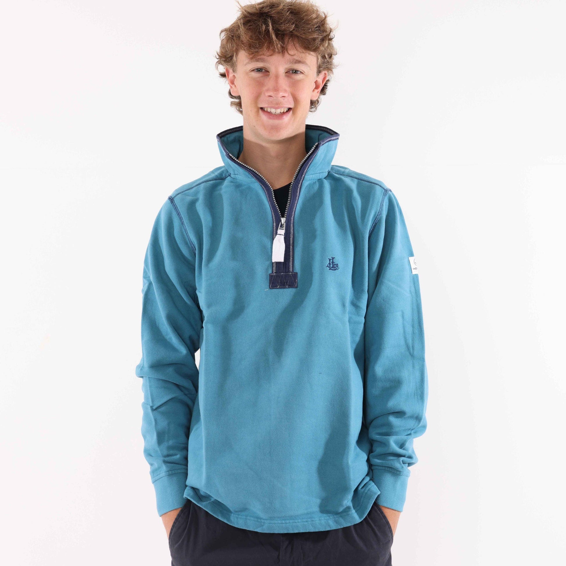 Teal - Back - Lazy Jacks Mens Quarter Zip Sweatshirt