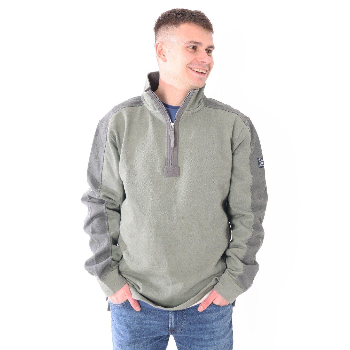 Khaki Green - Front - Lazy Jacks Mens Contrast Panel Pique Sweatshirt