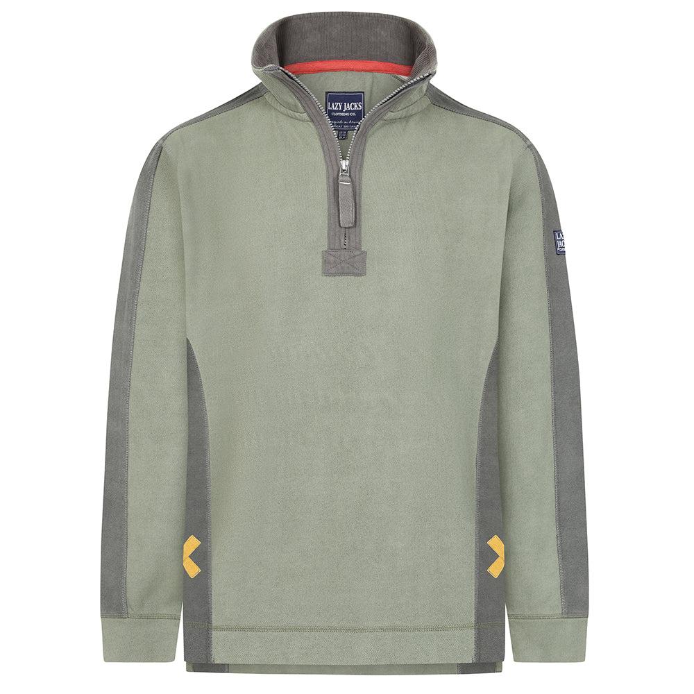Khaki Green - Back - Lazy Jacks Mens Contrast Panel Pique Sweatshirt