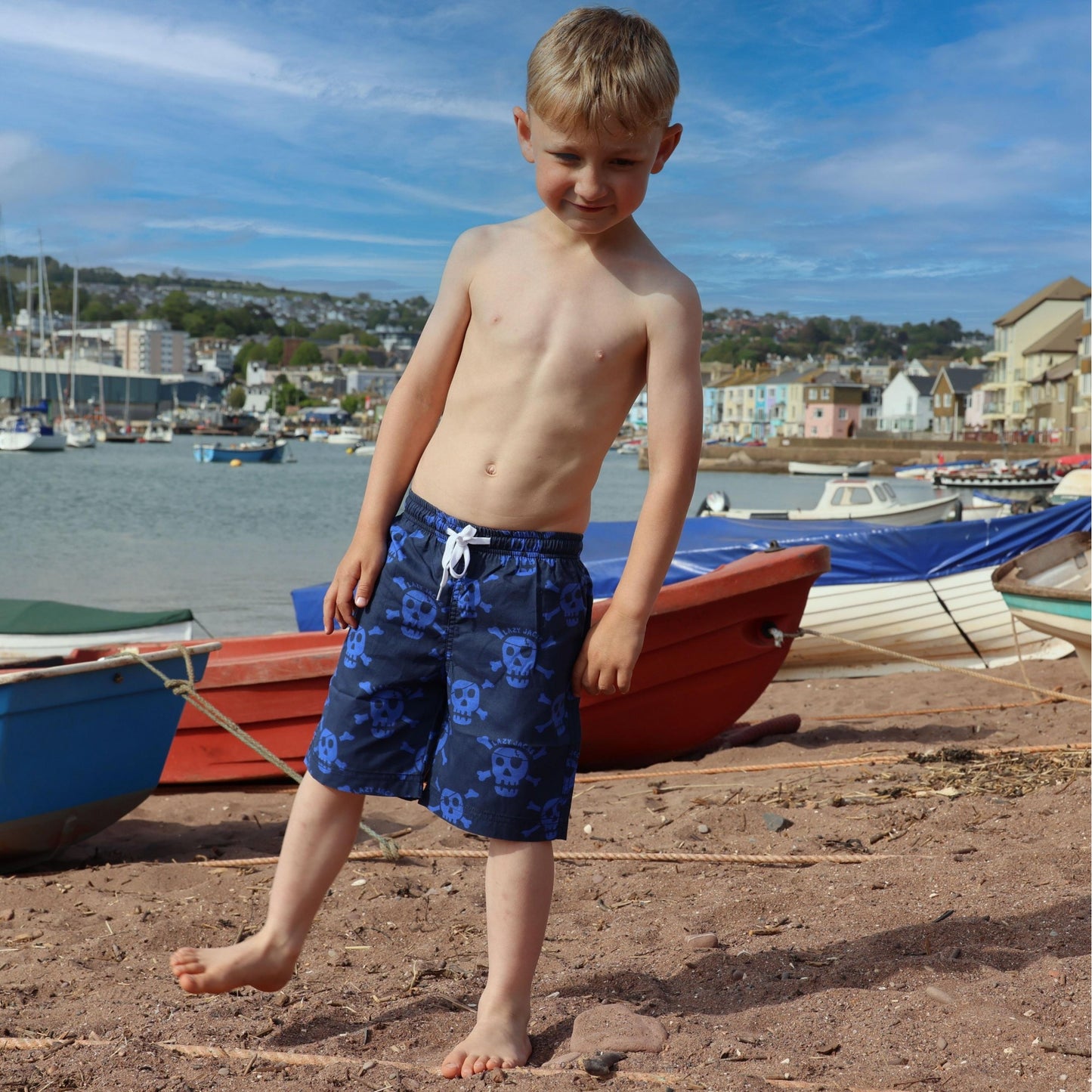 Bright Blue - Back - Lazy Jacks Boys Skull And Crossbones Board Shorts