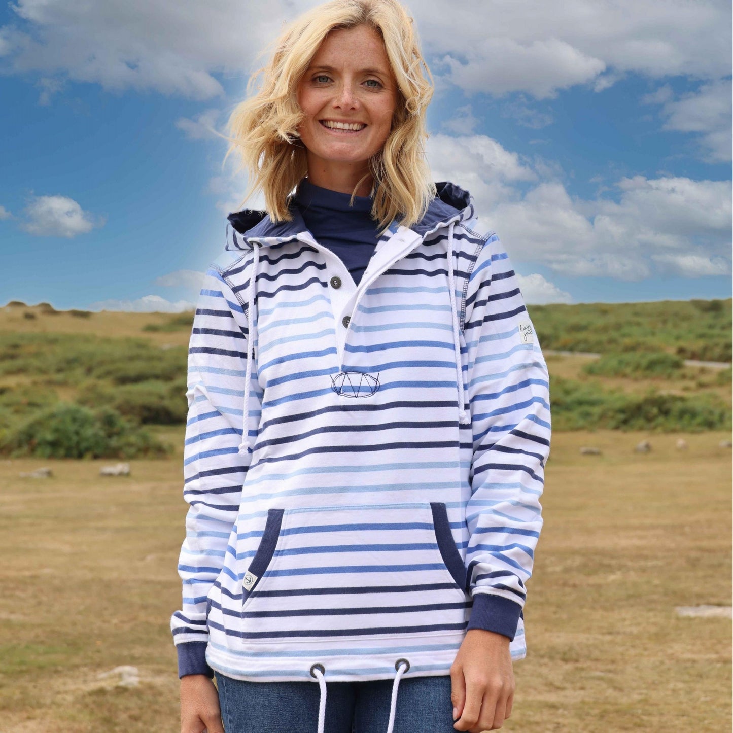 Multicoloured - Front - Lazy Jacks Womens-Ladies Stripe Button Neck Hoodie