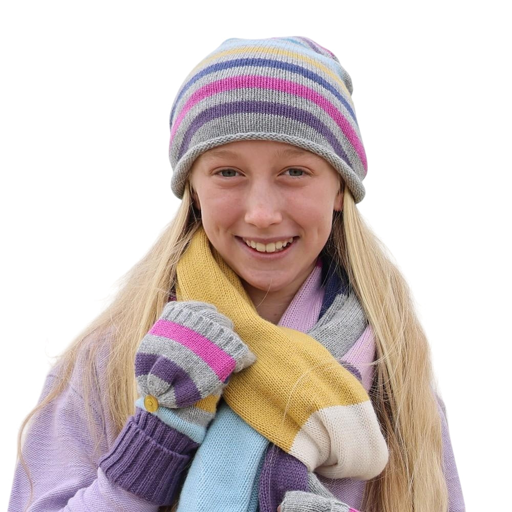 Pink-Grey-Purple - Front - Lazy Jacks Womens-Ladies Sage Contrast Knitted Hat Gloves And Scarf Set