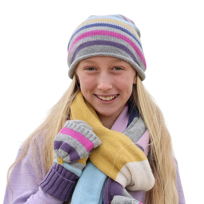 Pink-Grey-Purple - Front - Lazy Jacks Womens-Ladies Sage Contrast Knitted Hat Gloves And Scarf Set