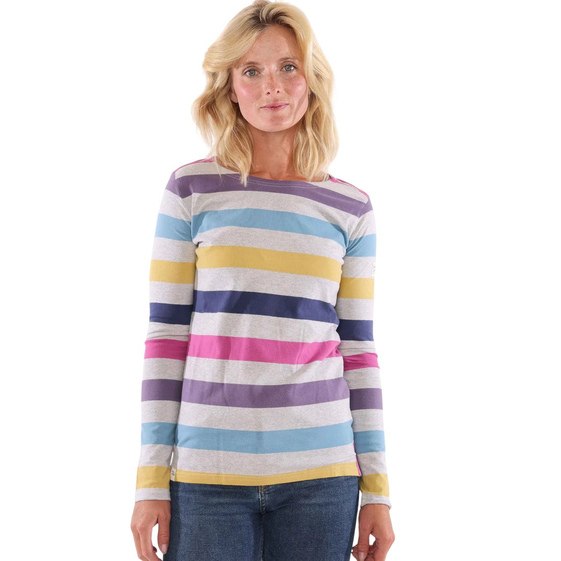 Grey Marl - Side - Lazy Jacks Womens-Ladies Breton Multi Stripe Long-Sleeved Top