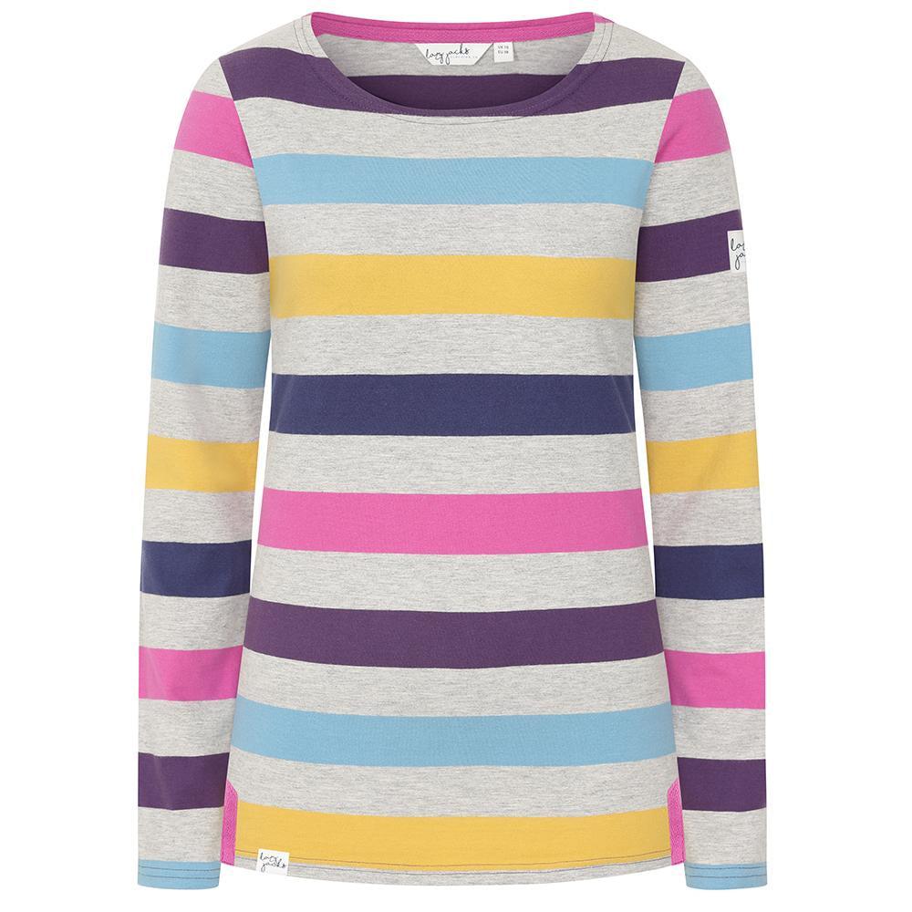 Grey Marl - Pack Shot - Lazy Jacks Womens-Ladies Breton Multi Stripe Long-Sleeved Top