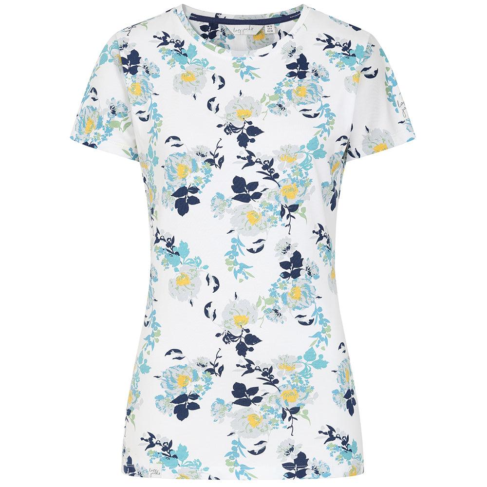White-Blue-Green - Front - Lazy Jacks Womens-Ladies Fleur Printed Cotton Slub T-Shirt
