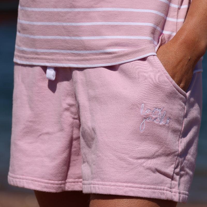 Pink - Side - Lazy Jacks Womens-Ladies Sweat Shorts