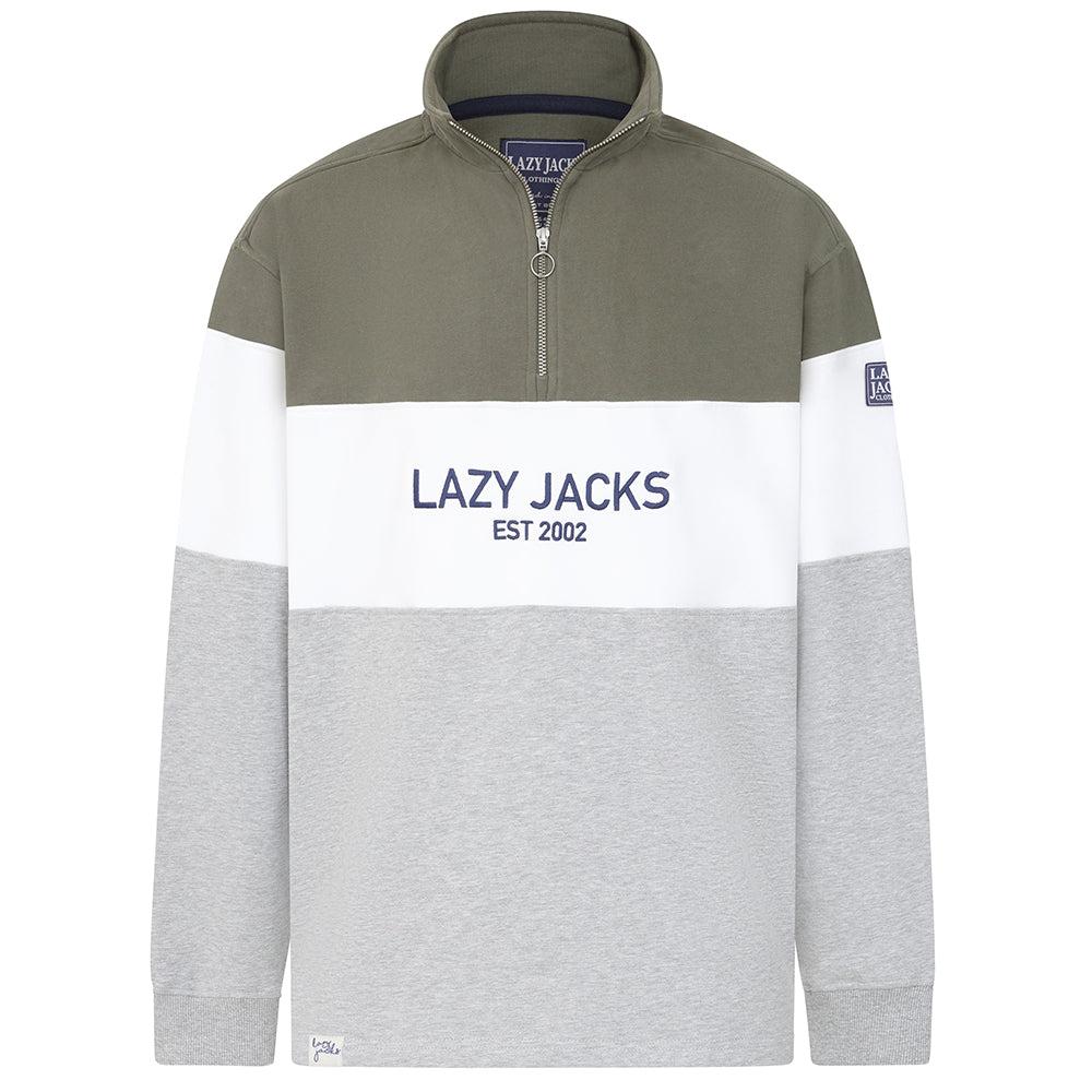 Khaki Green-Grey Marl - Front - Lazy Jacks Mens Contrast Quarter Zip Sweatshirt