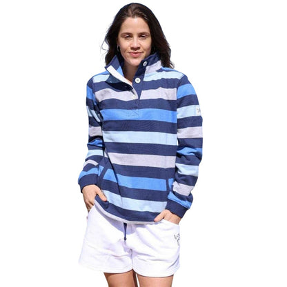 Winter Blue - Front - Lazy Jacks Womens-Ladies Striped Button Neck Sweatshirt