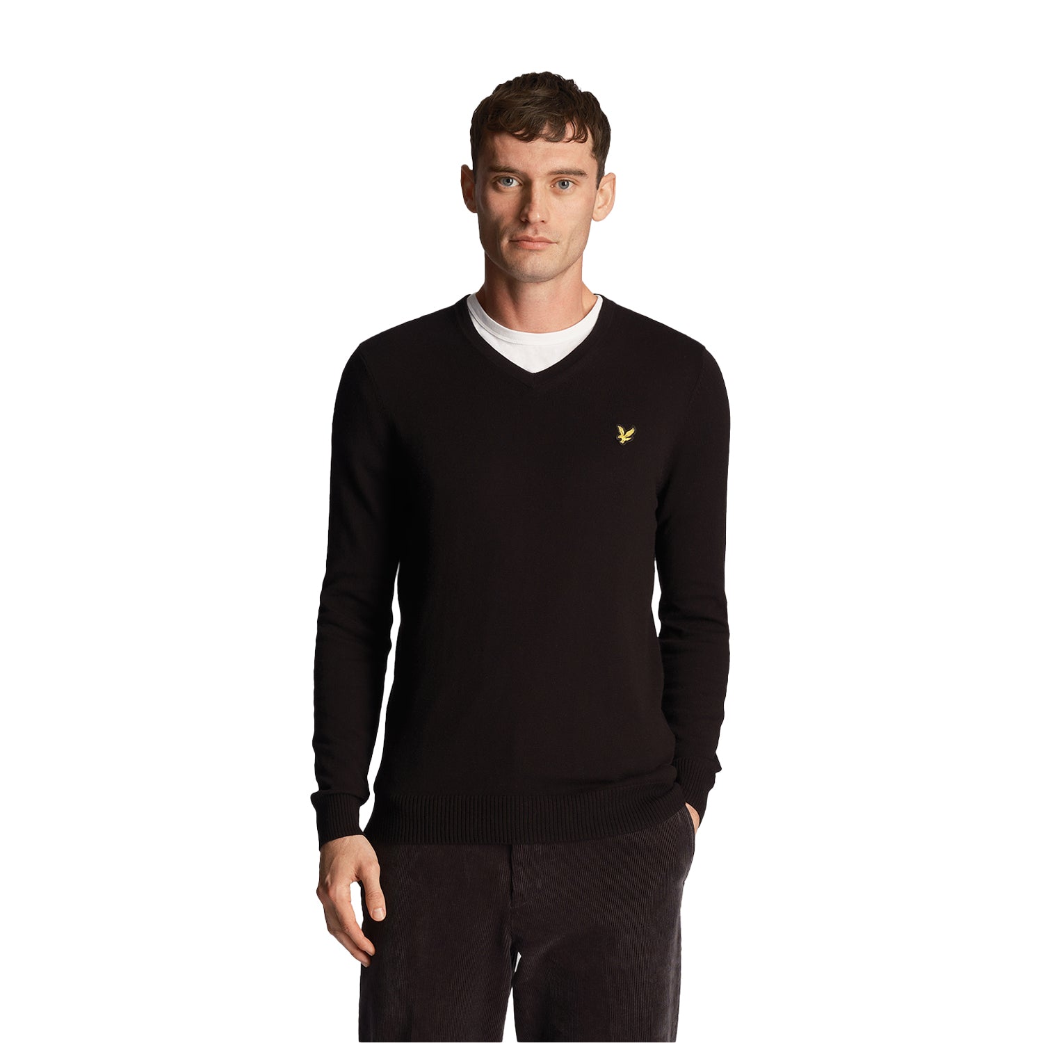 Jet Black - Side - Lyle & Scott Mens Cotton Merino V Neck Jumper