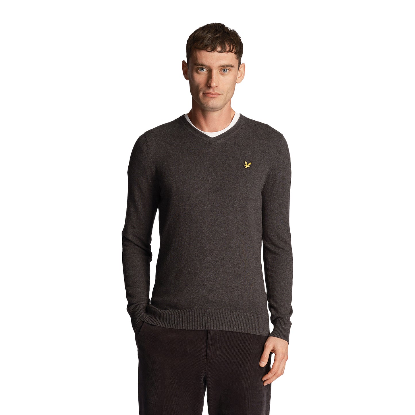Charcoal Marl - Side - Lyle & Scott Mens Cotton Merino V Neck Jumper