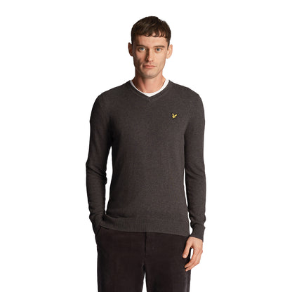 Charcoal Marl - Side - Lyle & Scott Mens Cotton Merino V Neck Jumper