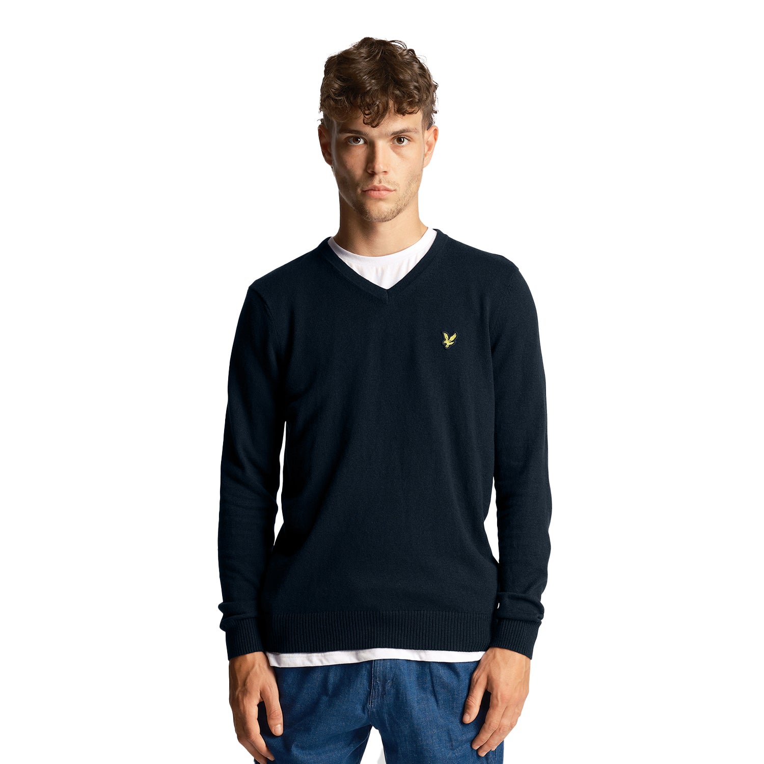 Dark Navy - Side - Lyle & Scott Mens Cotton Merino V Neck Jumper