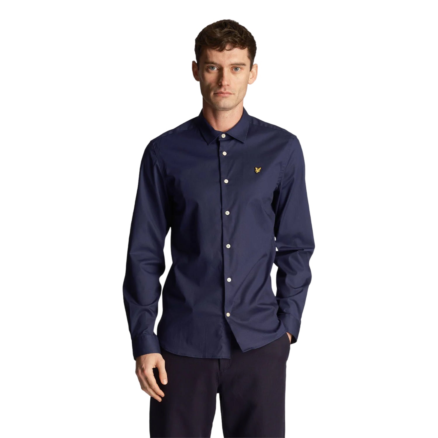 Navy - Side - Lyle & Scott Mens Poplin Slim Long-Sleeved Shirt