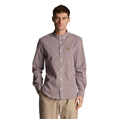 Burgundy-White - Side - Lyle & Scott Mens Gingham Slim Long-Sleeved Shirt