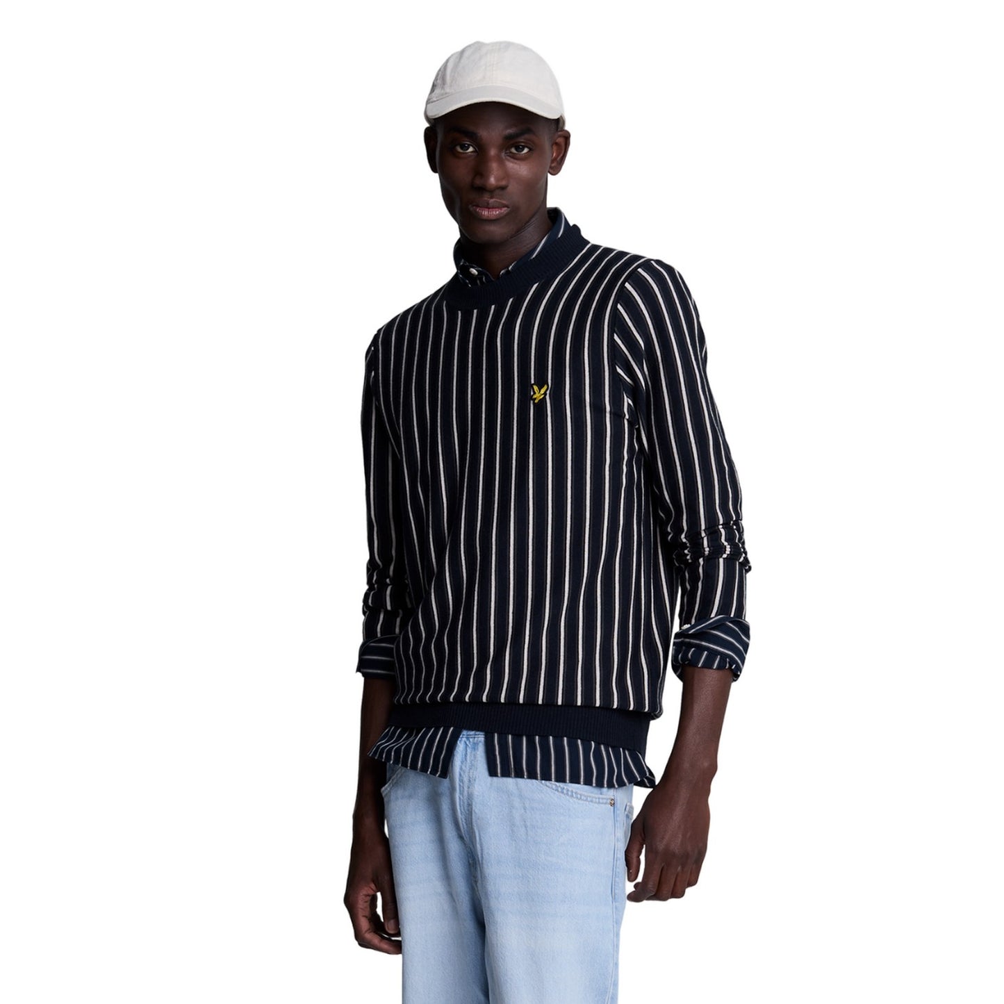Dark Navy - Side - Lyle & Scott Mens Vertical Stripe Crew Neck Jumper