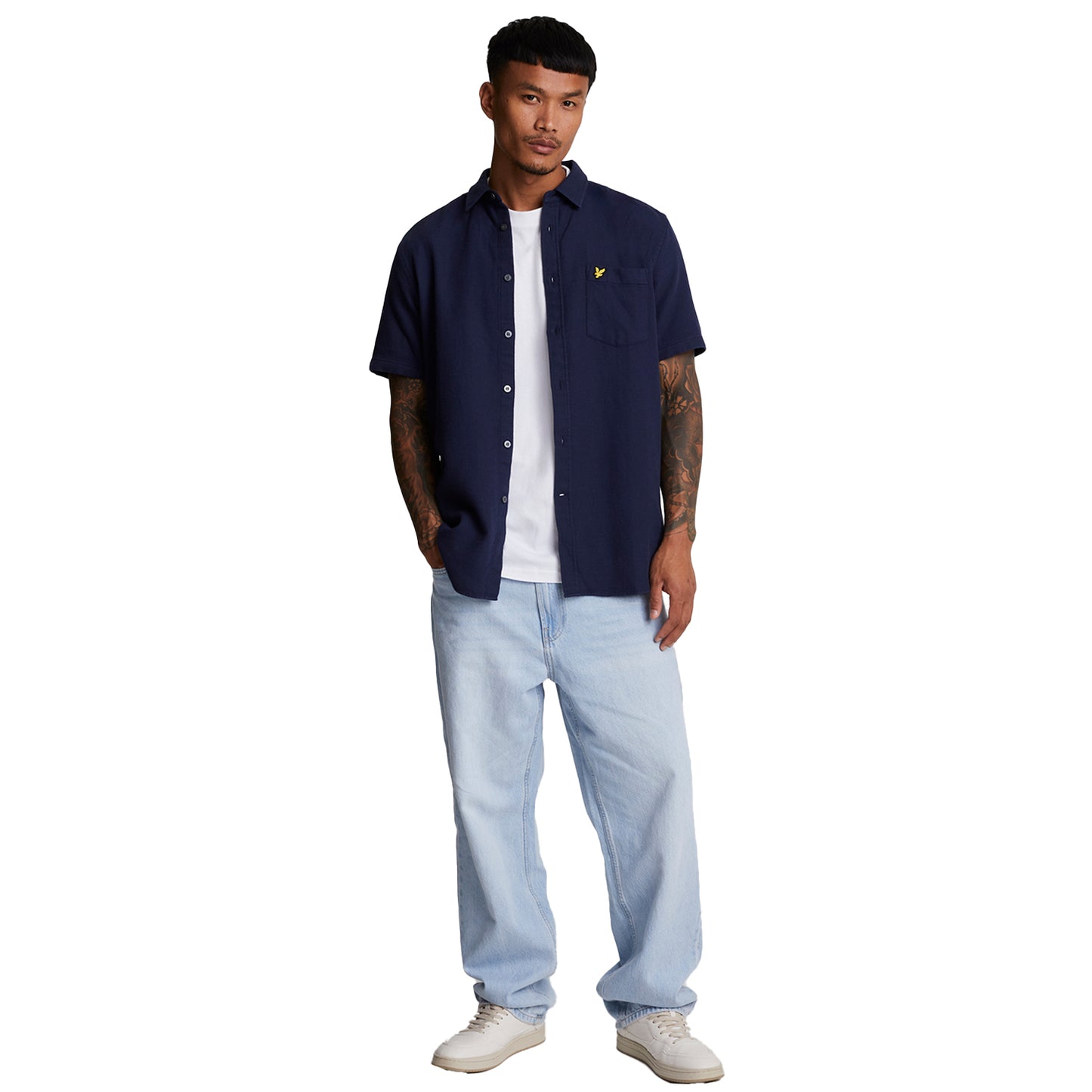 Navy - Side - Lyle & Scott Mens Basket Weave Short-Sleeved Shirt