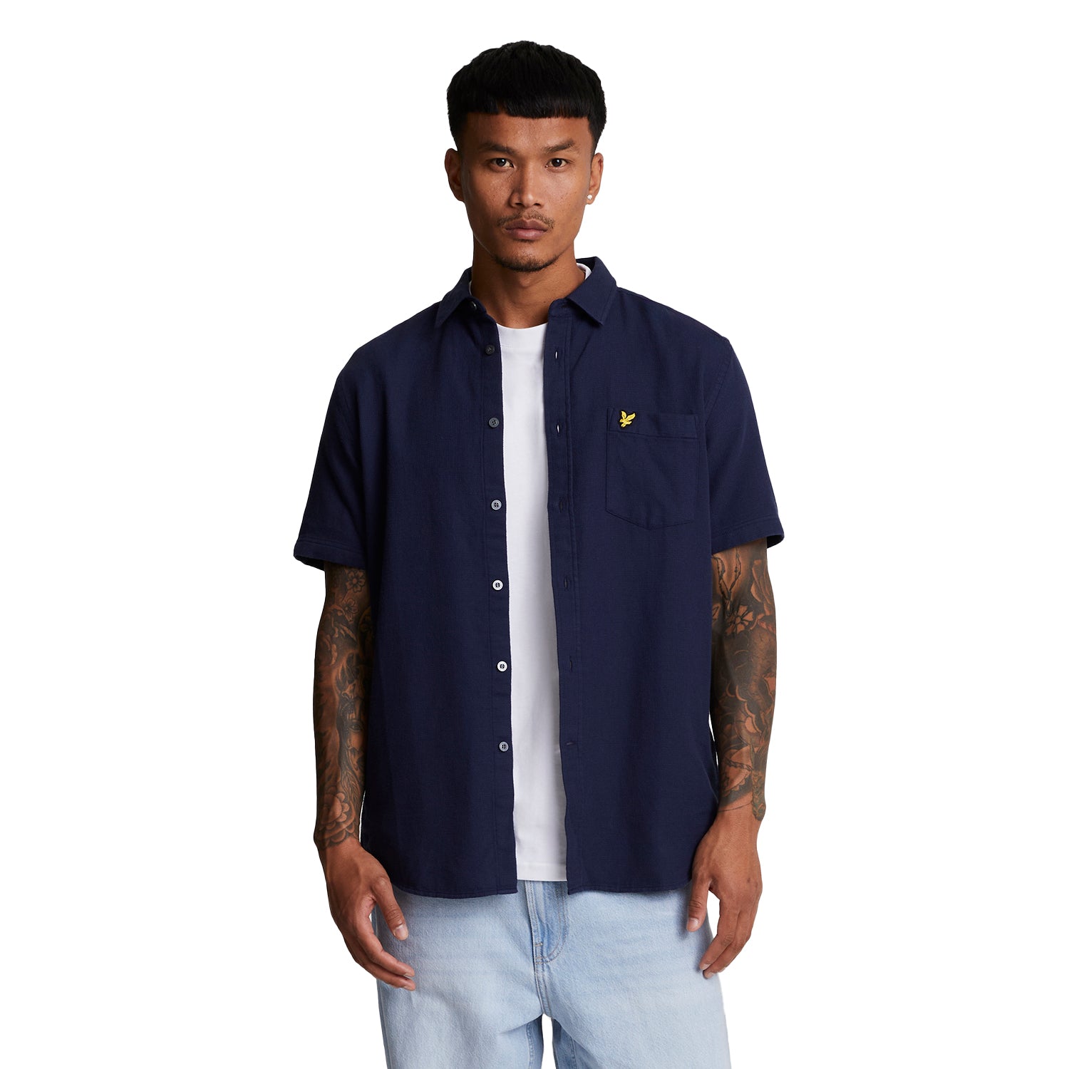 Navy - Front - Lyle & Scott Mens Basket Weave Short-Sleeved Shirt