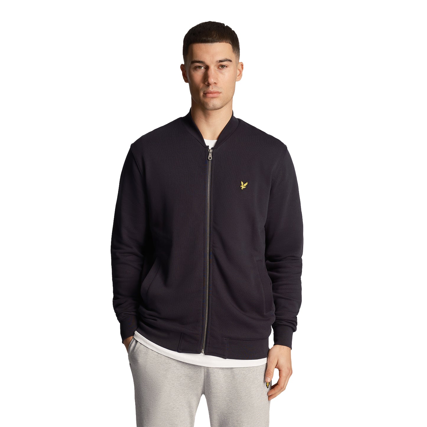 Dark Navy - Front - Lyle & Scott Mens Loopback Jersey Bomber Jacket