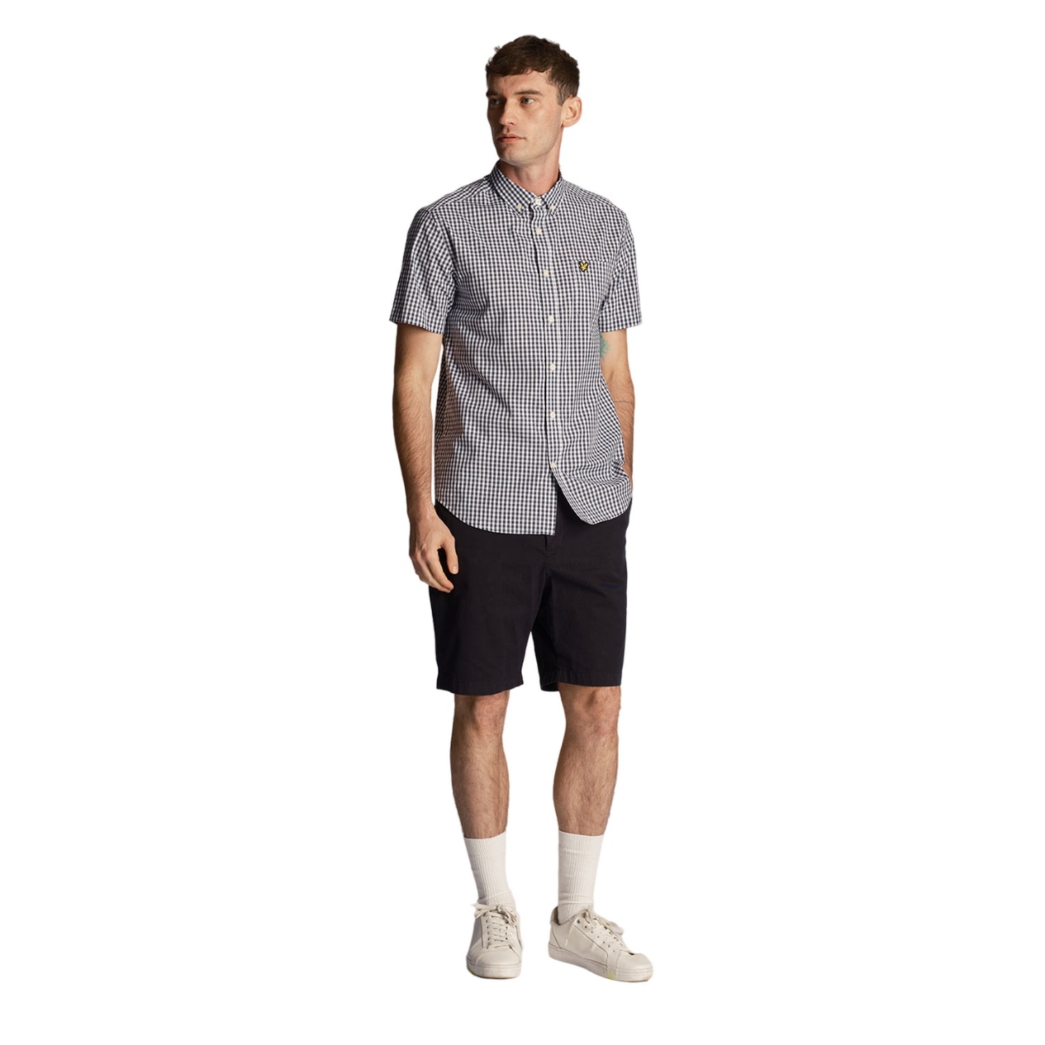 Navy-White - Side - Lyle & Scott Mens Gingham Slim Short-Sleeved Shirt