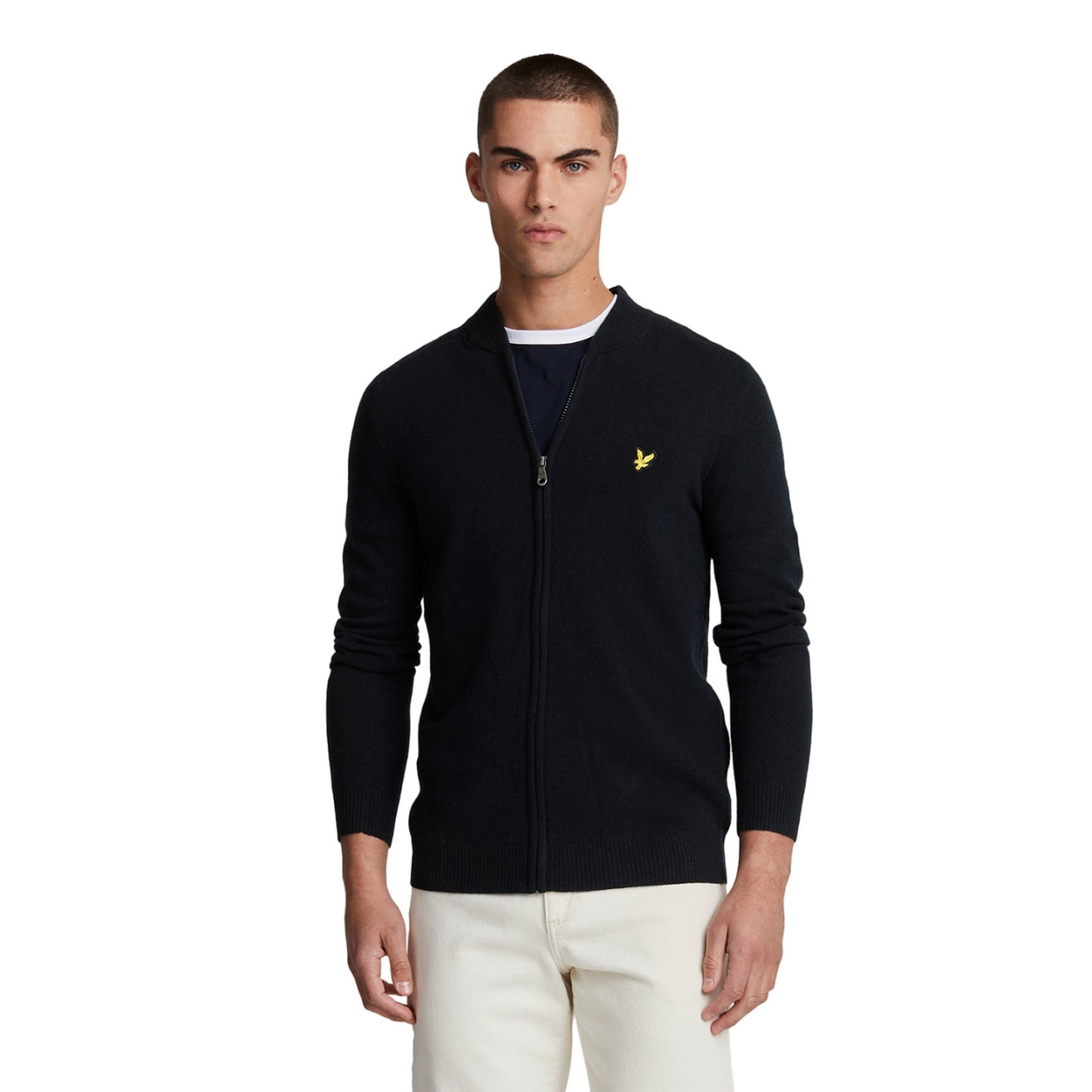 Dark Navy - Back - Lyle & Scott Mens Lambswool Knitted Bomber Jacket