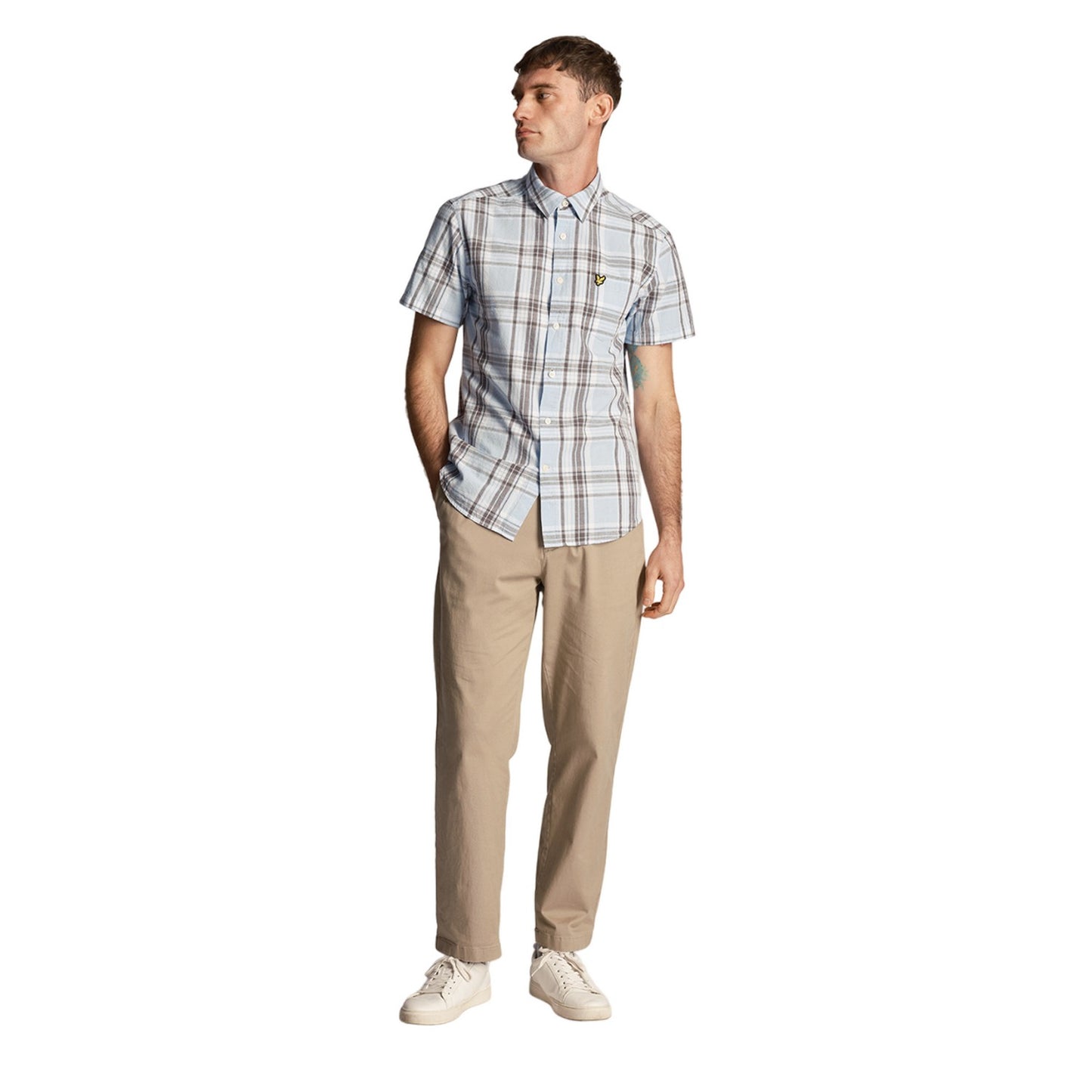 Light Blue - Side - Lyle & Scott Mens Checked Linen Short-Sleeved Shirt