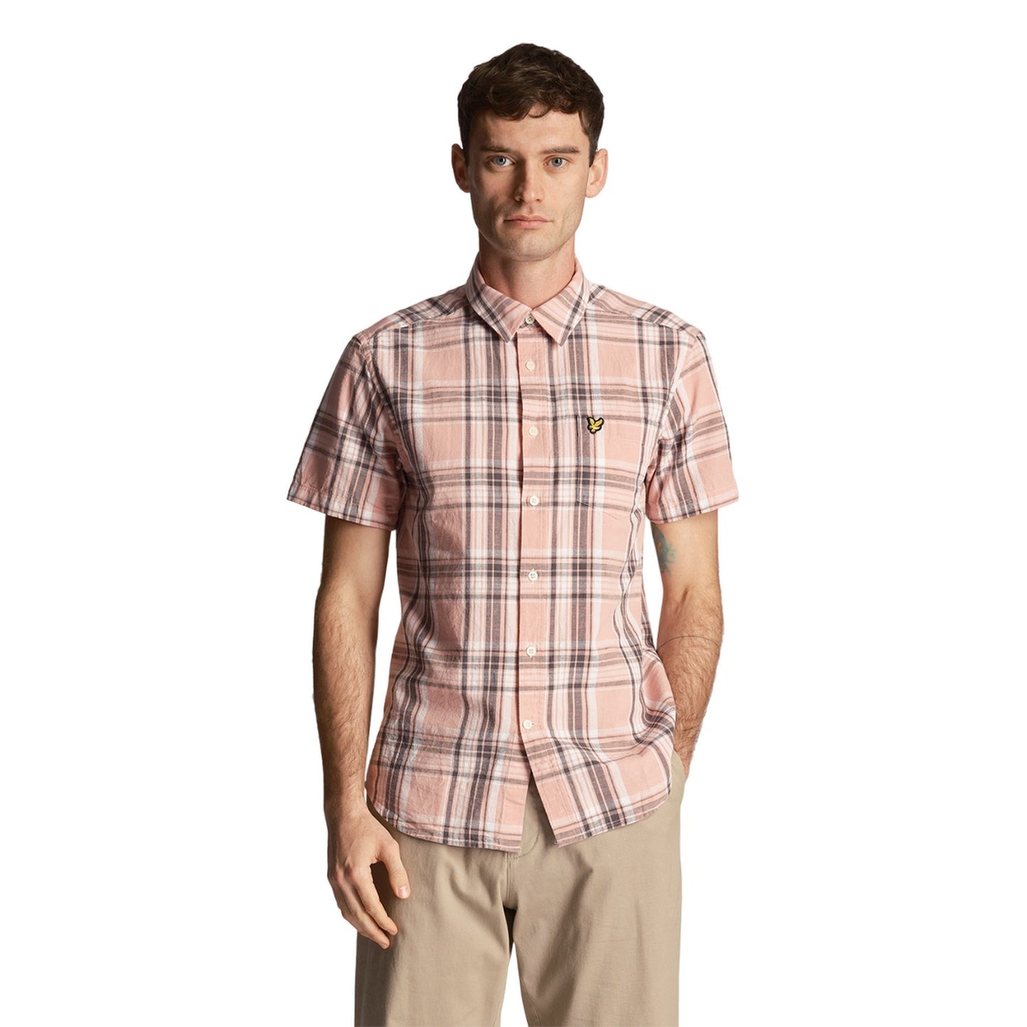 Palm Pink - Front - Lyle & Scott Mens Checked Linen Short-Sleeved Shirt
