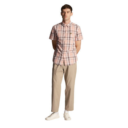 Palm Pink - Side - Lyle & Scott Mens Checked Linen Short-Sleeved Shirt