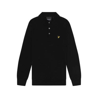 Jet Black - Front - Lyle & Scott Mens Knitted Cotton Merino Long-Sleeved Polo Shirt