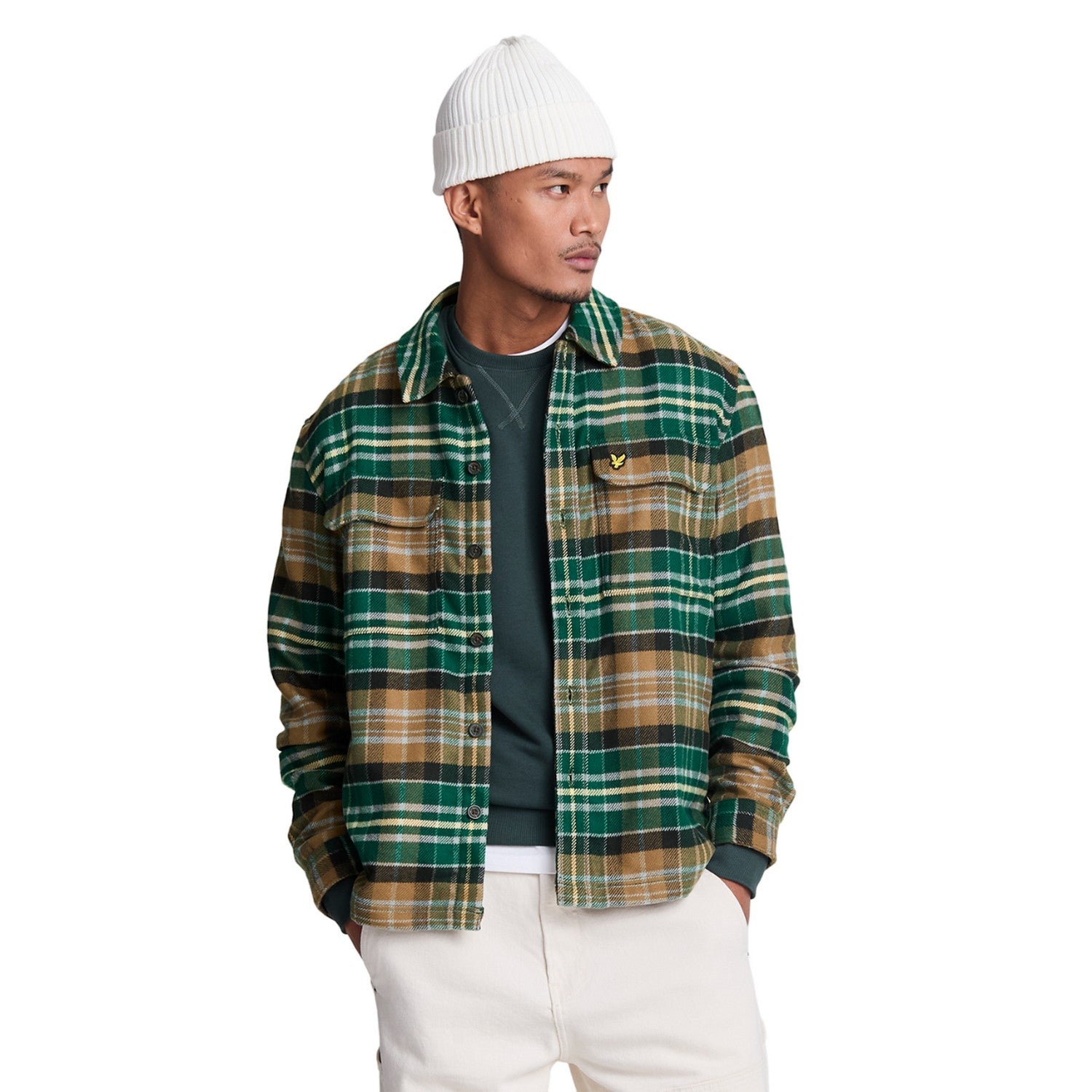 Argyle Teal-Heritage Taupe - Side - Lyle & Scott Mens Checked Flannel Overshirt