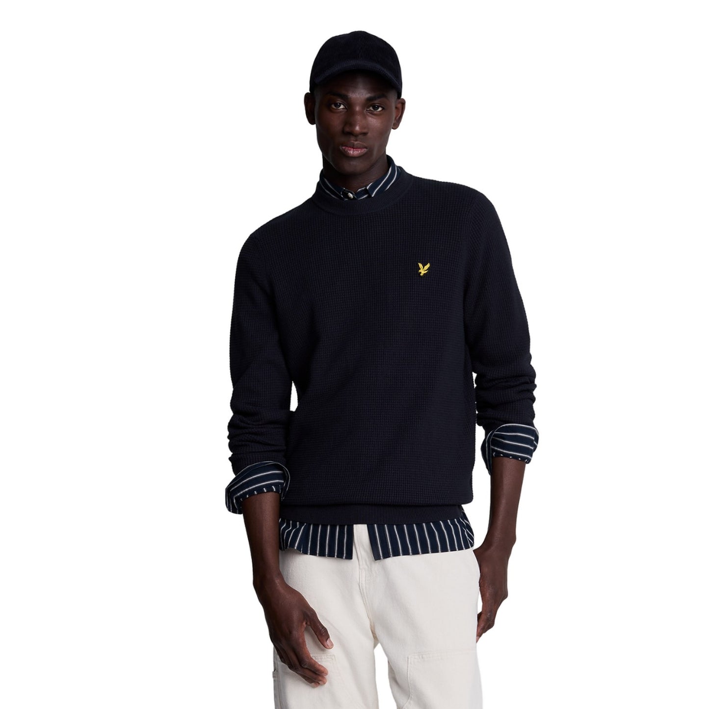 Dark Navy - Side - Lyle & Scott Mens Grid Knitted Crew Neck Jumper
