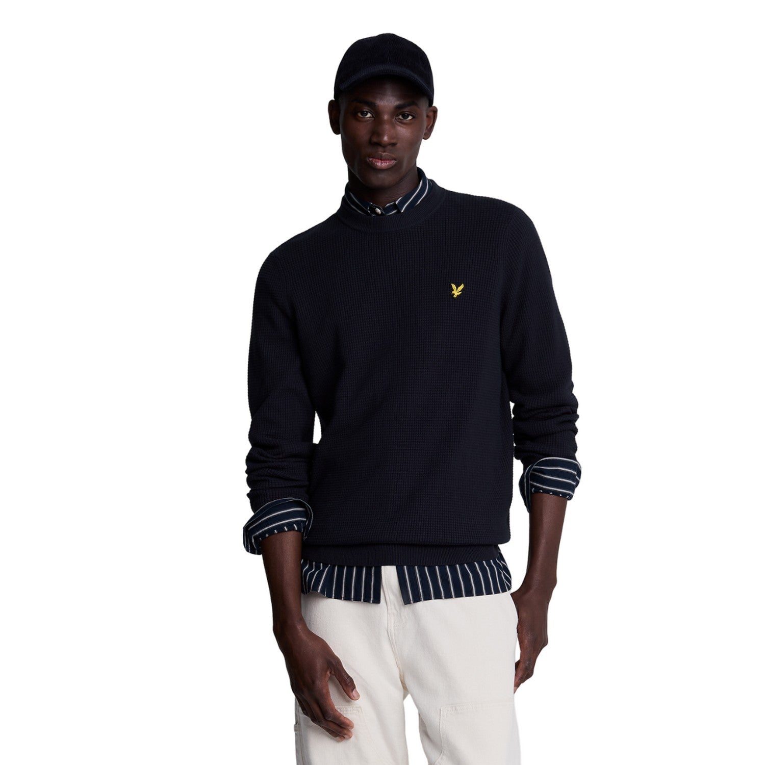 Dark Navy - Side - Lyle & Scott Mens Grid Knitted Crew Neck Jumper