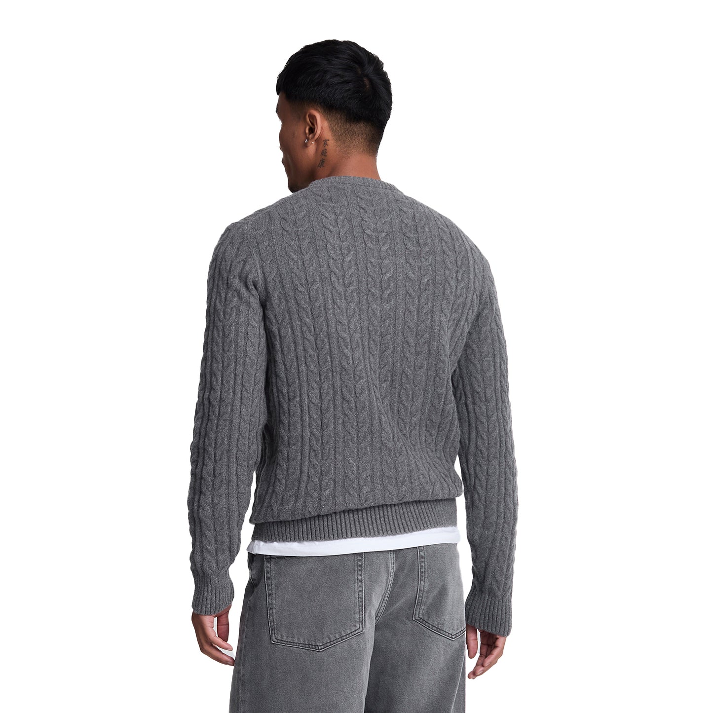 Jet Black - Back - Lyle & Scott Mens Marl Cable Knit Crew Neck Jumper