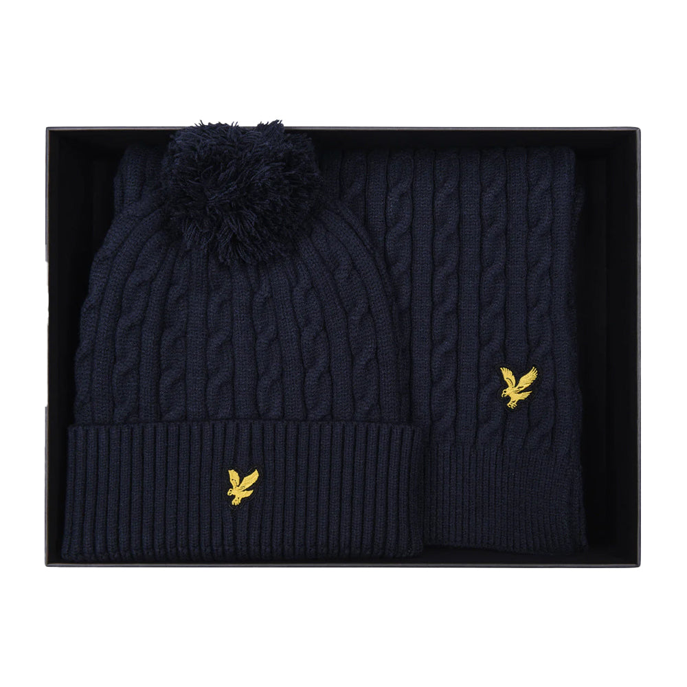 Dark Navy - Back - Lyle & Scott Bobble Cable Knit Scarf & Beanie Set