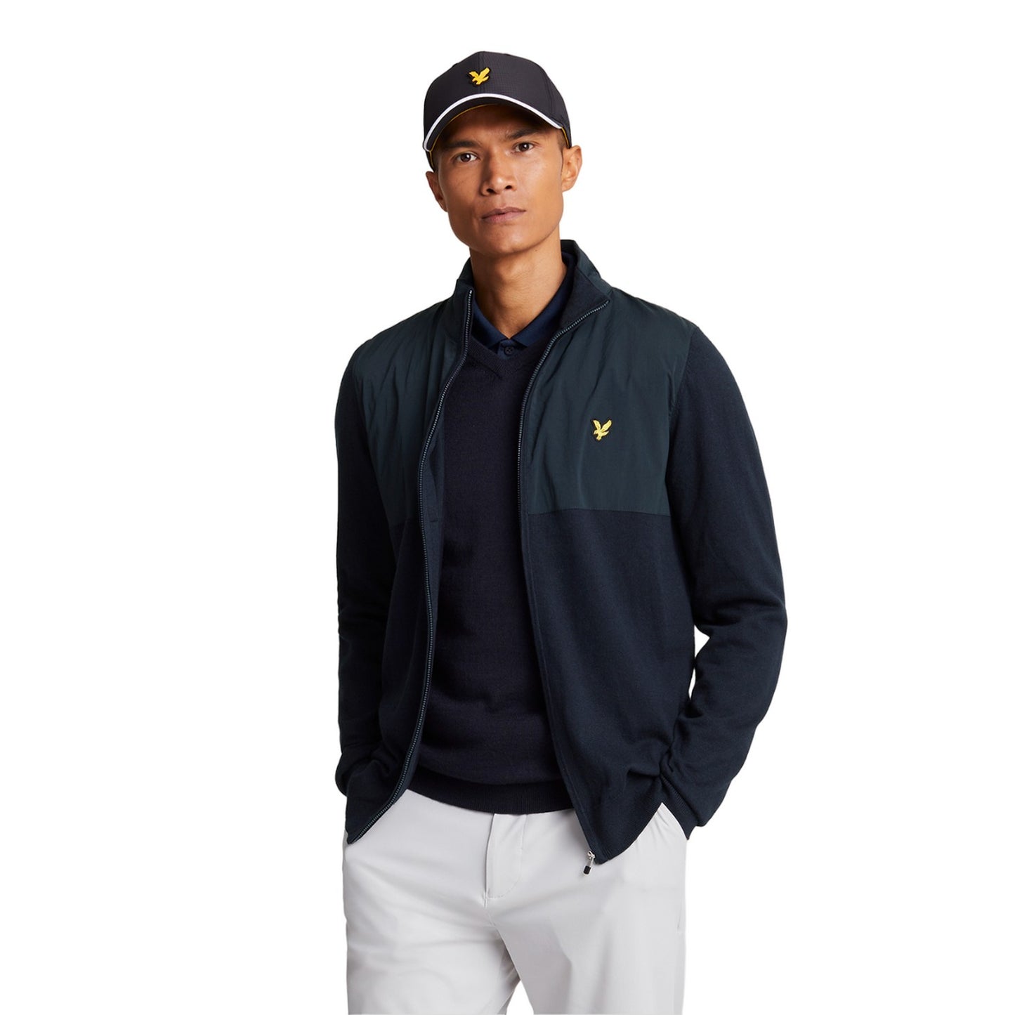 Dark Navy - Front - Lyle & Scott Mens Overlay Knitted Full Zip Golf Jacket