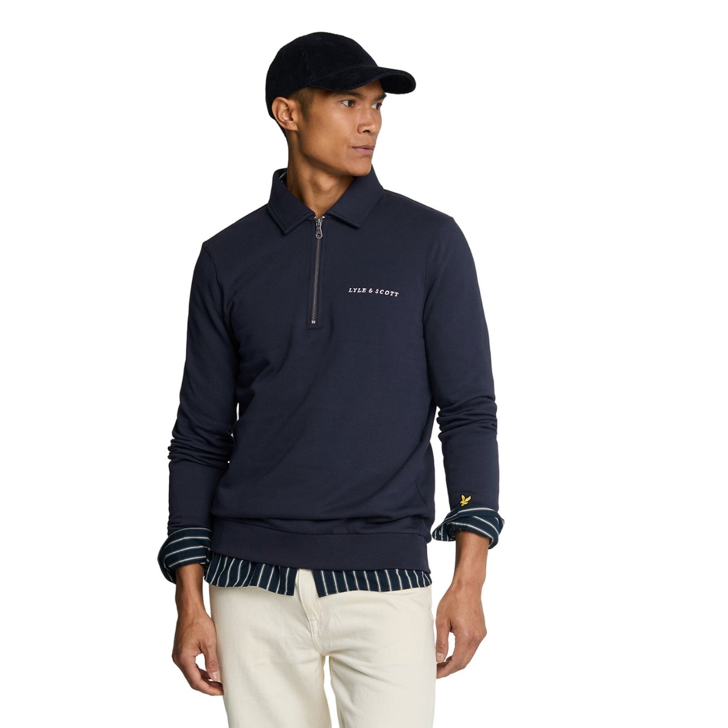 Dark Navy-Cove - Front - Lyle & Scott Mens Embroidered Quarter Zip Jumper