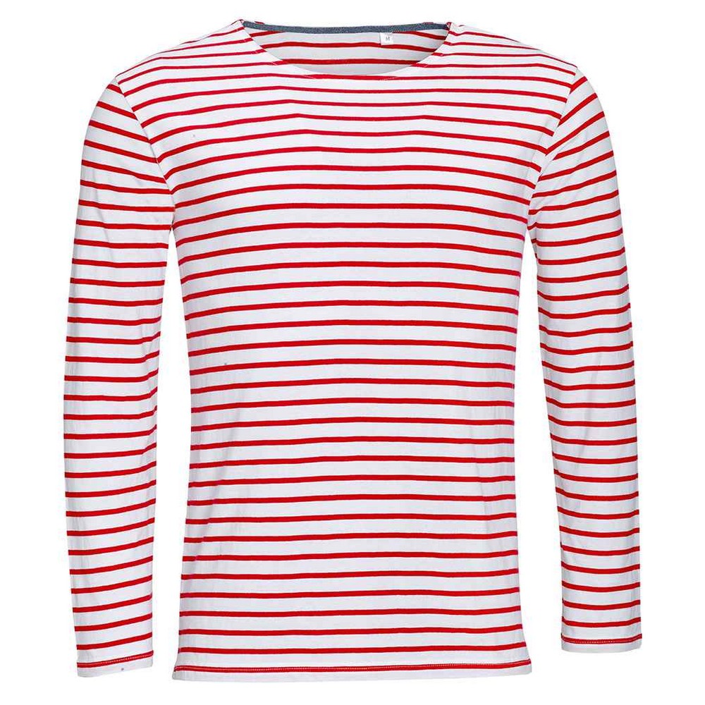 White-Red - Front - SOLS Mens Marine Striped Long-Sleeved T-Shirt