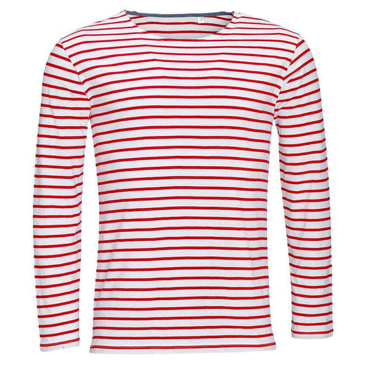 White-Red - Front - SOLS Mens Marine Striped Long-Sleeved T-Shirt
