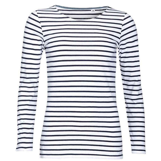 White-Navy - Front - SOLS Womens-Ladies Marine Striped Long-Sleeved T-Shirt