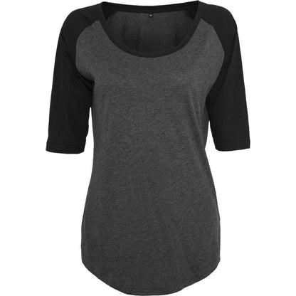 Heather Charcoal-Black - Front - Build Your Brand Womens-Ladies Contrast Polycotton Raglan 3-4 Sleeve T-Shirt
