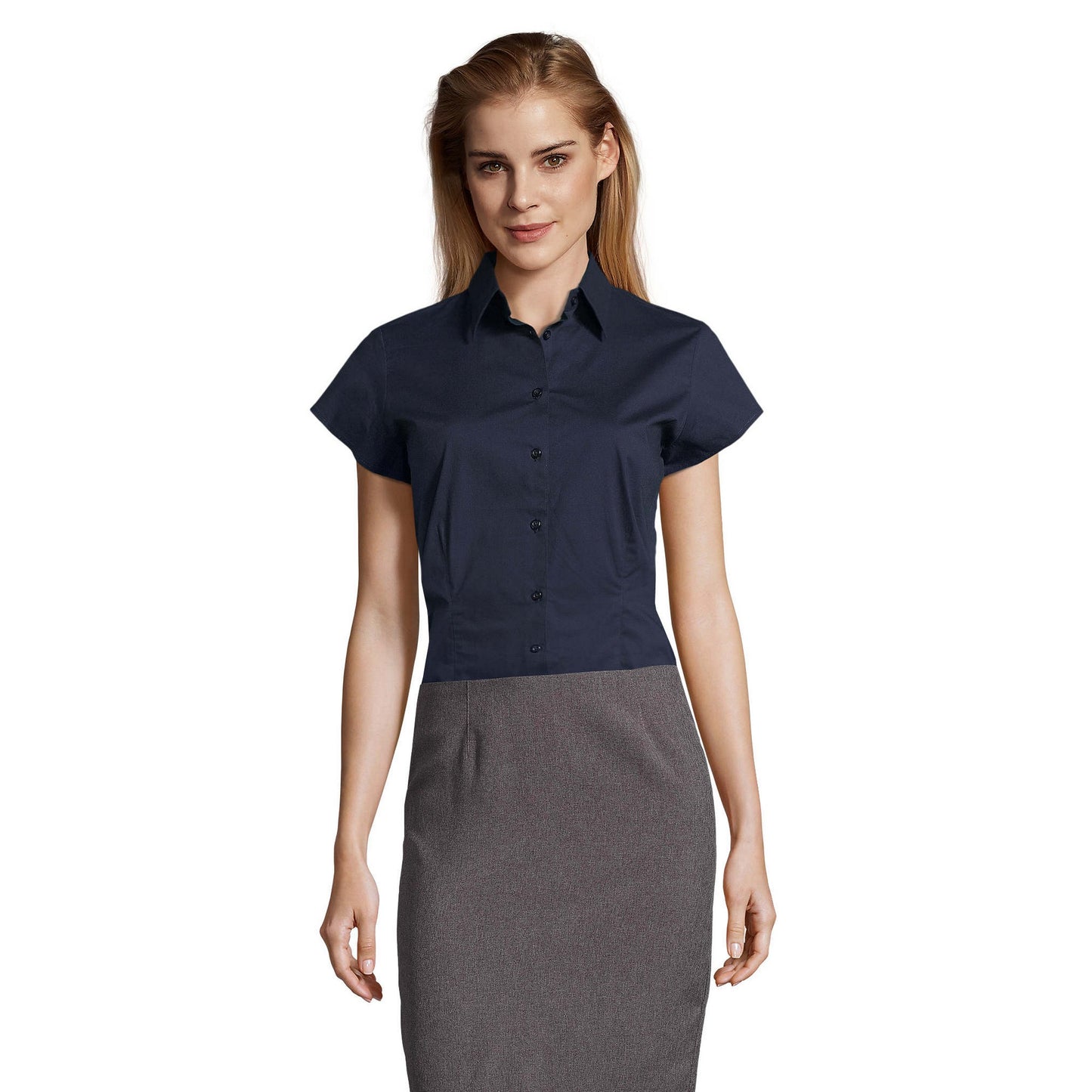 Dark Blue - Front - SOLS Womens-Ladies Excess Stretch Short-Sleeved Blouse